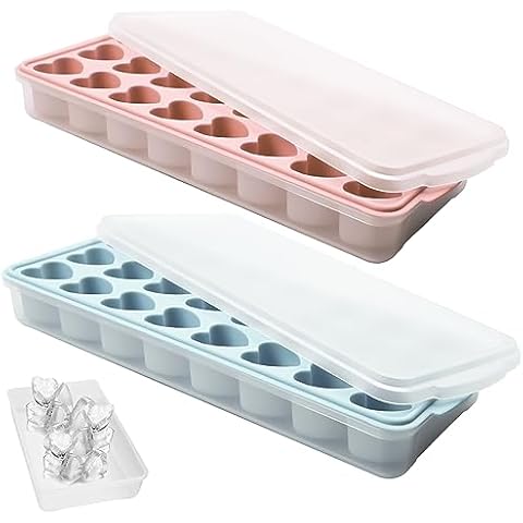 2 Pack Heart Shpaed Ice Cube Trays with Lids and Bins, Heart ice Molds with Ice Storage Box, 48 Holes Silicone Heart Ice Cube Tray for Whiskey Cocktail Fun Shapes Ice Cubes, with Lids & Bins Blue Pink Cover