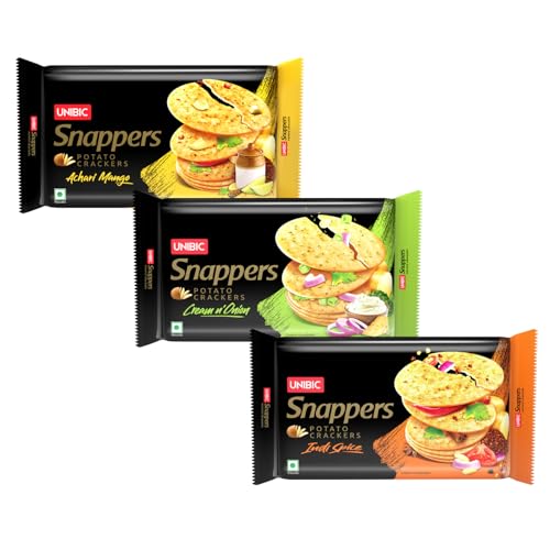 Image of UNIBIC Snappers, Assorted Pack | Potato Crackers | Cream n Onion, Indi Spice, Achari Mango | (Pack of 3), 900g | Potato Biscuits