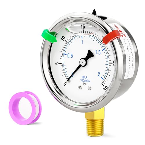 Image of 0-30psi Stainless Steel 1 /4 inch NPT 2.5 inch Dial, Glycerin Liquid Filled Pressure Gauge Lower Mount Designed for Pressure Testing of Water, Oil and Air (with Range Mark Pointer)