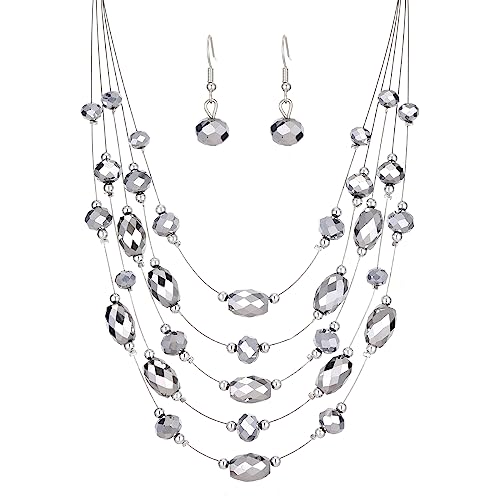 Crystal Beaded Statement Necklace for Women Boho Colorful Multi-Strand Necklace and Earring Sets for Women Fashion Jewelry Gifts for Mom(51-Silver)