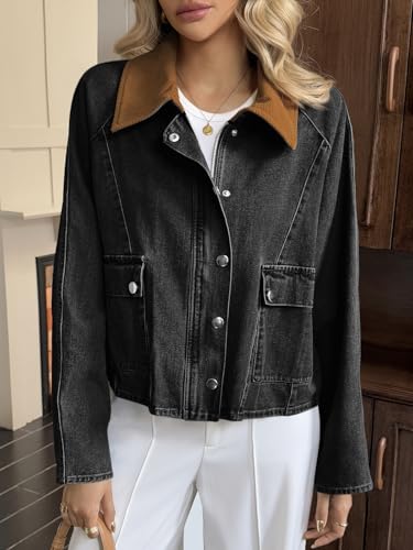 Cicy Bell Womens Cropped Denim Jackets Patchwork Corduroy Collar Barn Jean Jackets Snap Button Coat with Pockets4