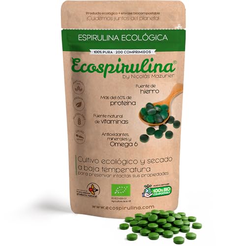 Eco Espirulina 200 comprimidos   100% Cultivada y Certificada en España   Fuente Natural de Proteína Vegana   Antioxidante   Aporte Energia y Saciante   DETOX