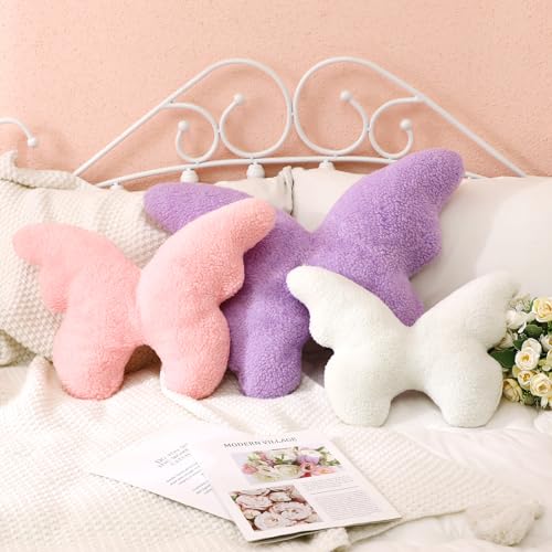 Shellwei 3 Pcs Butterfly Decorative Pillow Sherpa Cute Playroom Nursery Pillow Kawaii Decorative Nursery Accessories Gift for Girls Boys Kids(Butterfly)