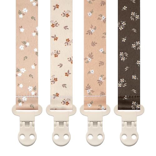 Image of Stadela Baby Pacifier Clip Holder - Girl 4 Pack Gift Set – Boho Modern Neutral Flowers Floral (Allysa)