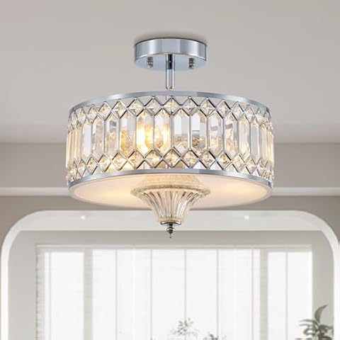 XINGQI Modern Crystal Chandelier Chrome Round Semi Flush Mount Ceiling Light Fixture Farmhouse Chandelier for Dinning Room Bedroom Living Room Hallway Entryway Kitchen Cover