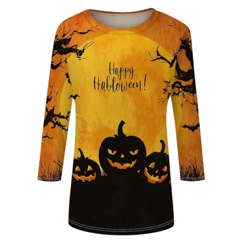 Image of Women Spooky Halloween Graphic Shirt 3 /4 Length Sleeve Crewneck Top | Halloween Funny Printed Pumpkin Plus Size Tshirts 2026 Fall Outfits Skeleton Tee Going Out Tops