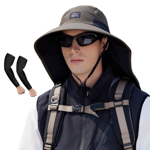 Image of Rosoz Outdoor Sun Hat for Men Women, UPF50+ Protection Safari Cap Wide Brim Mesh Fishing Hat with Neck Flap Beach Garden