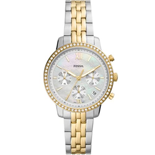 Fossil Orologio Neutra da donna, Movimento cronografico al quarzo con cinturino in acciaio inossidabile o in pelle, Tono argento e tono oro
