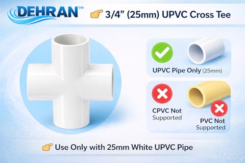 Image of DEHRAN UPVC Cross Tee Pipe Fitting 25mm(3 /4 Inch) | Durable White UPVC Connector for Home & Industrial Plumbing