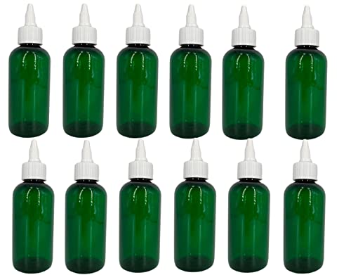 4 oz Green Boston Plastic Bottles -12 Pack Empty Bottle Refillable - BPA Free - Essential Oils - Aromatherapy | White Twist Top Caps - Made in the USA - by Natural Farms