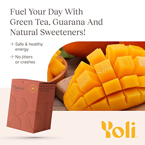 Image of Yoli Passion Peach Mango Energy Powder Mix, Plant-Based, 90 Servings Box | Plant-based peach mango energy drink mix with green tea and guarana, sugar-free, gluten-free, soy-free, and Keto-friendly.