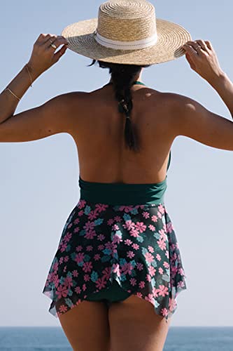 Beachsissi Women's Flower Print Skirt Swimsuits Mesh Patchwork Tankini Set, Green, Xl #TOP4