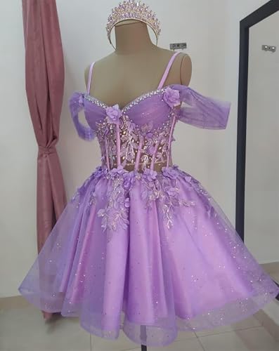 ForElise Sparkly 3D Flower Short Homecoming Dresses for Teens Off Shoulder DAMA Dresses for Quinceanera Sequin Prom Dress2