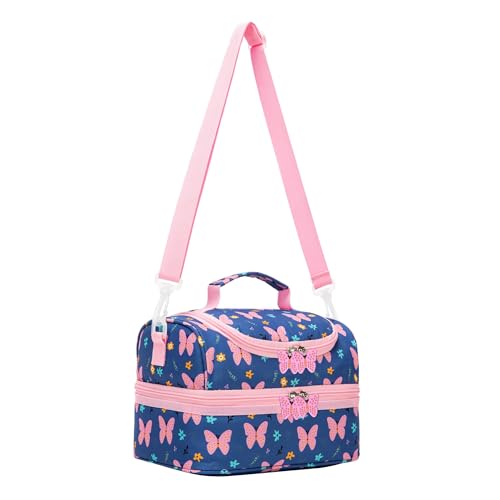 Image of Insulated Kids Dual Compartment Lunch Bags Tote Pack for Bento Girls Boys Toddler Kindergarten School Picnic Food Cooler Boxes with Shoulder Strap (2 Butterfly, Double Decker)