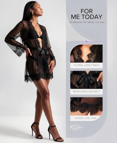 Image of RSLOVE Women Lace Kimono Robe Sexy Babydoll Lingerie Mesh Cover Up Bridal Lingerie