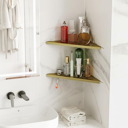 2 Pack Gold Corner Shower Shelves, 304 Stainless Steel Corner Wall Mounted Bathroom Organizer Caddy with Razor Slot, 10’’ Rust-Proof Floating Shelf for Shower Storage (Fits 90° Tile Walls,Holds 15lbs) by Ecowillon - Used condition - Image 7