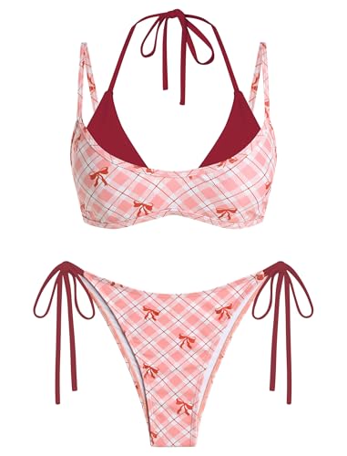 Image of ZAFUL Women's Polka Dot Bikini Set Double Layer Halter Swimsuit Colorblock Side Tie 2 Piece Bathing Suit