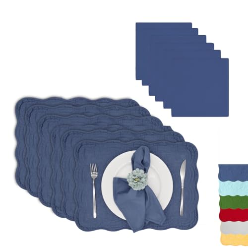 ART PineCone 12-Piece Quilted Cotton Placemats & Napkins, Dark Steel Blue