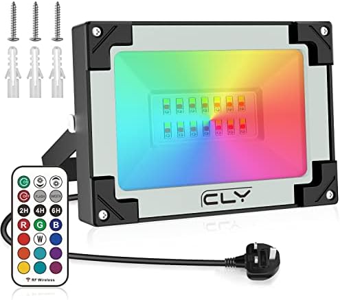 CLV 25W LED RGB Floodlight, Outdoor/Indoor Colour Changing Flood Lights with Remote Control, Memory Timing Function IP66 Waterproof Flood Light, Decoration for Stage Landscape Garden Party Pond,Grey