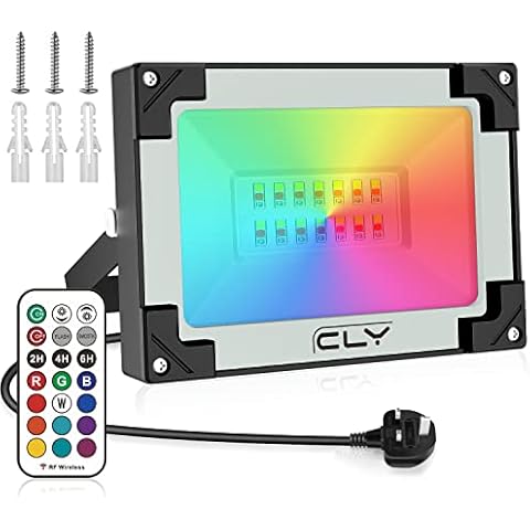 CLV 25W LED RGB Floodlight, Outdoor/Indoor Colour Changing Flood Lights with Remote Control, Memory Timing Function IP66 Waterproof Flood Light, Decoration for Stage Landscape Garden Party Pond,Grey Cover