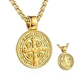 FSYAEGZA St Benedict Exorcism Medal Pendant Necklace Men's Stainless Steel Catholic Roman Patron Saint Pendant, Round Antiqued Religious Cross Protector Talisman Pendant (Gold)