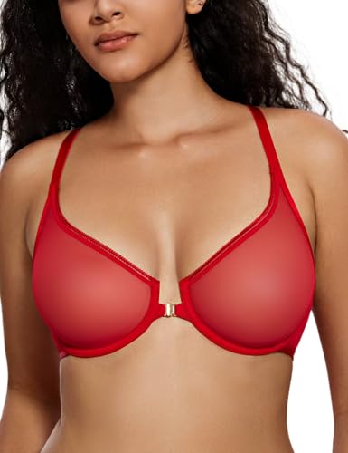 Deyllo Women's Front Closure Mesh Sheer Bra Non Padded Unlined Plunge Racerback Bra for Underwire(Lava Red,36DD)