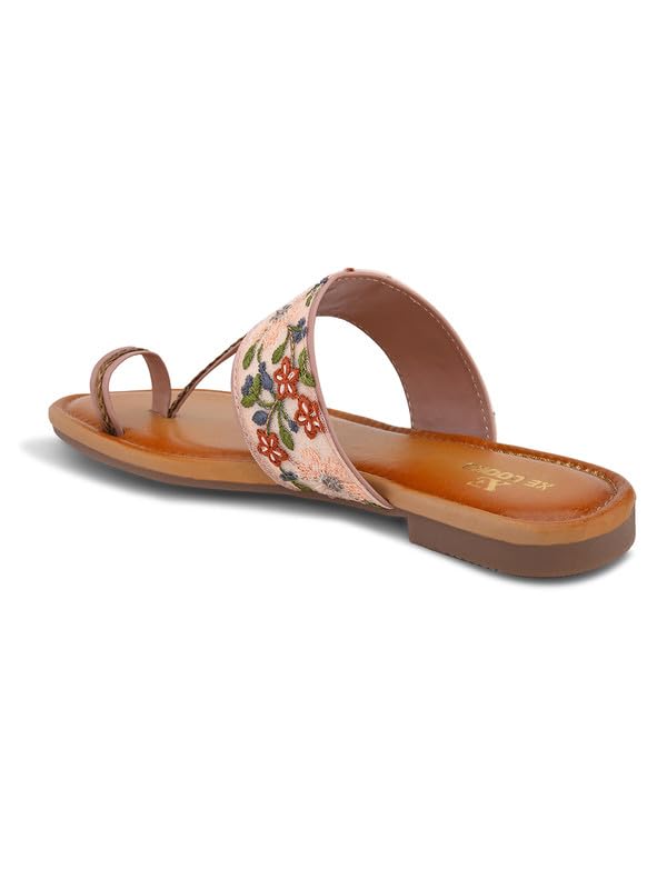 Image of XE Looks Women's Embroidered Toe-Ring Flats | Elegant Floral Strap Design with Cushioned Footbed | Stylish & Comfortable Ethnic Sandals for Girls & Women