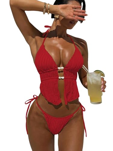 Image of RoseSeek Women's 2 Piece Boho Polka Dots Beaded Bikini Sets Sexy Swimsuits | Halter Swimsuits, Backless, Textured, Tie Side, Tankini Set, Bathing Suits, Summer, Vacation
