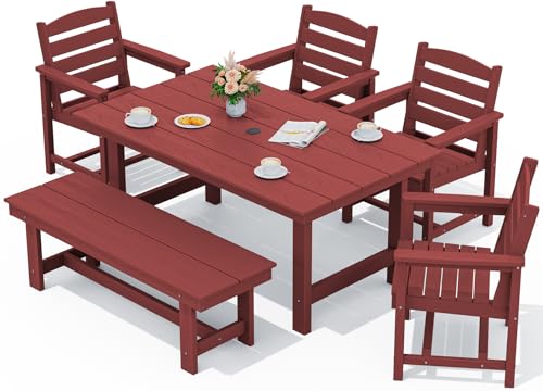 Image of SERWALL Outdoor Dining Set for 6, HDPE Dining Furniture Set with Umbrella Hole Cut-Out Table and 1 Dining Bench and 4 Chairs, All Weather Outdoor Dining Bench Sets, Red