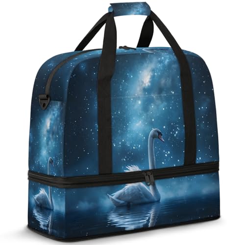 Large Weekender Overnight Bags Blue Galaxy Swan Travel Duffel Bag for Women Men Gym Bags With Shoe Compartment Foldie Travel Tote Bag Carry On Personal Item Bag for Travel Gym Sports