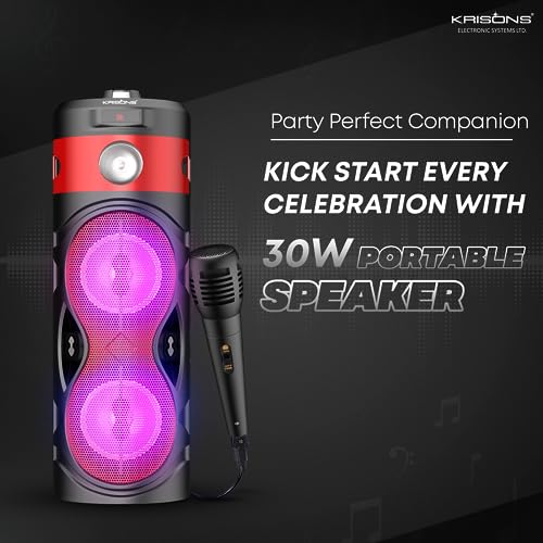 Image of Krisons Cylender 111 50W Portable Speaker with 4 inch X2 / Double Woofers, in Built Torch, Remote Control with Bluetooth, FM, USB, Micro SD Card and AUX Connectivity (Red)
