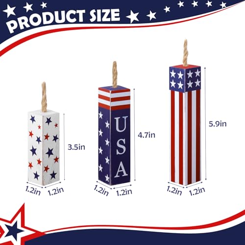 Treory 4th of July Decorations, 3pcs July 4th Patriotic Tiered Tray Decor Firework Wooden Sign, Rustic Firecracker Wood Blocks Home Décor, American Memorial Day Table Decor for Independence Day