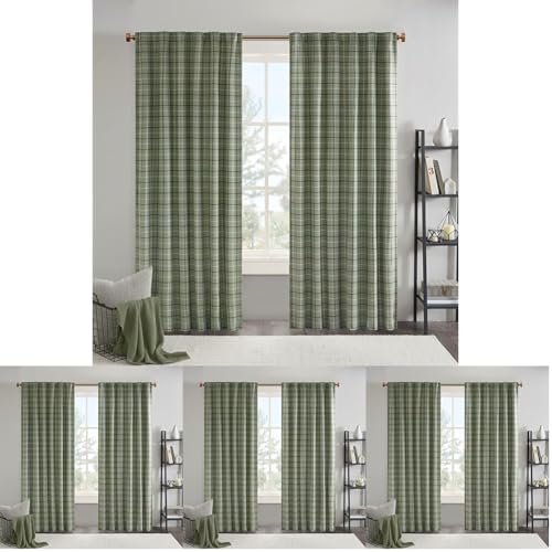 Image of Madison Park Anaheim Cabin Plaid Curtain Window, Thermal Insulated Fleece Lining, Living Room Decor Room Darkening Drape for Bedroom,50 inch Wx95 L, Rod Pocket&Back Tab,Green (Pack of 4)