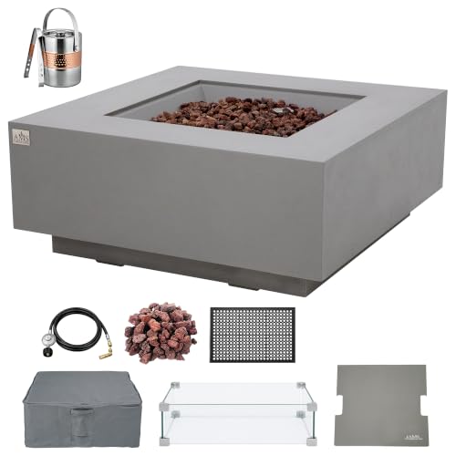 Image of AMS Creations | Brooklyn 40 inch Bundle Square Natural Gas Outdoor Fire Pit Table | Light Gray Concrete GFRC Smooth Texture Surface Fire Pit Table