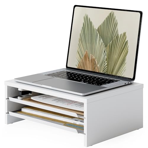 Image of Fenge Monitor Stand, 3-Tier Monitor Riser with Slide-Out Tray, Wooden and Metal Desktop Organizer for Home Office, Computer, Laptop, Printer, Telephone