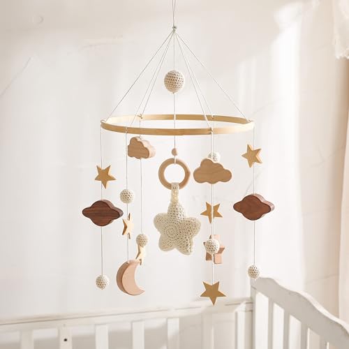 IEATFO Baby Crib Mobile for Boys Girls| Boho Nursery Mobile| Gender Neutral Hand-Crocheted Bell| Ceiling Mobile - Stars, Clouds, Moon