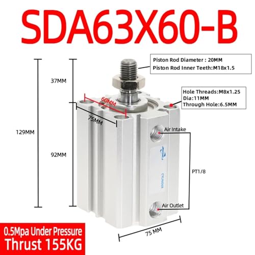 Cylindre pneumatique SDA 63mm avec filetage mâle compact