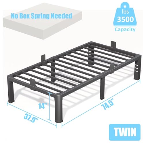 FUIOBYVV 14 Inch Twin Bed Frame with Rounded Corner and Headboard Hole Mattress Retainers 3500 LBS Metal Heavy Duty Steel Slats Support No Box Spring Needed Platform Noise Free Easy Assembly by FUIOBYVV - Used condition - Image 3