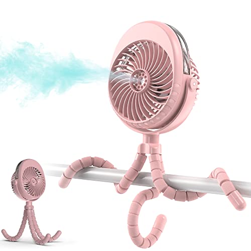 Image of COMLIFE Misting Baby Stroller Fan, 270° & 360° Pivoting Portable Fan, Battery Operated USB Fan, Handheld Misting Fan, with Flexible Tripod Clip on Car Seat Crib Bike Treadmill Bunk Bed, Pink