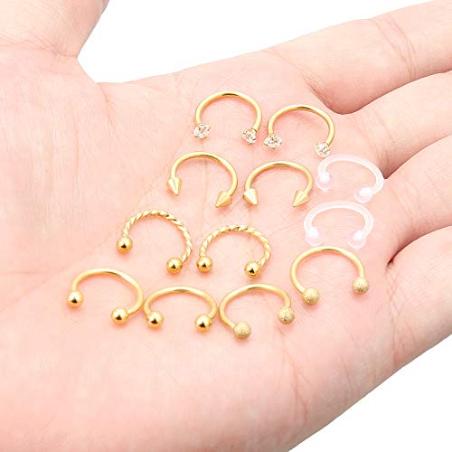 Dyknasz Horseshoe Circular Barbell Clear Diamond Cz Braided Barbell Nose Septum Rings Hoop Helix Cartilage Earring Surgical Steel Piercing Jewelry Retainer For Women Men 16G 10Mm Gold-Tone #TOP2