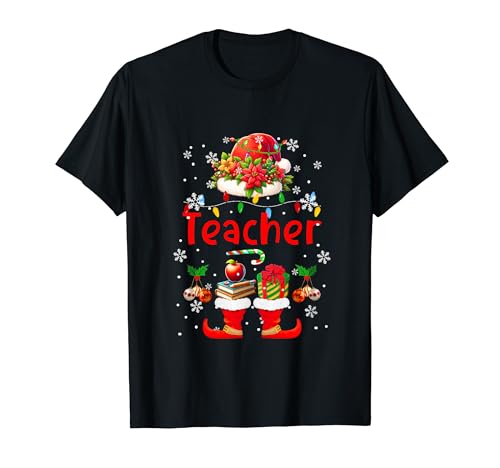 Teacher Job Christmas Costume Santa Xmas Lights Flowers T-Shirt