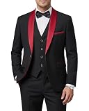Hihawk Men's 3 Piece Slim Fit Solid Tuxedo with Stretch Fabric, One Button Shawl Collar Jacket Vest Pants with Bow Tie. Maroon Collar Black Large