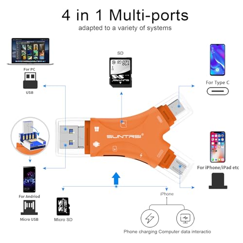 Image of SUNTRSI SD Card Reader for iPhone /ipad /Android /Mac /Computer /Camera,4 in1 Micro SD Card Reader Trail Camera Viewer, Portable Memory Card Reader SD Card Adapter for SD and TF Cards (Orange)
