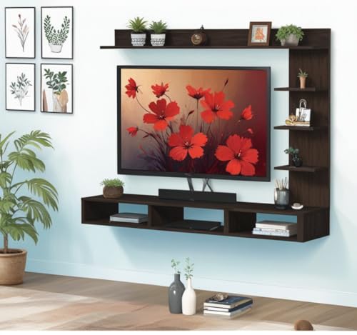 Image of Modern Floating TV Wall Mount Entertainment Unit, Full Brown Ideal for 24, 32, 48, inch TVs