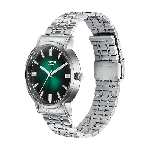 Image of Sonata Poze 6 Chrome Calling Quartz Green Round Dial Men's Watch | Stainless Steel Strap Material | Watches for Men Analog - SP70083SM01