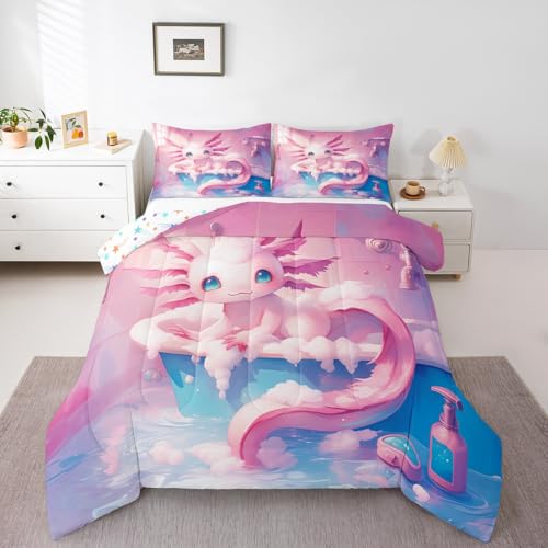 Erosebridal Pink Axolotl Girls Bedding Sets,Kawaii Animals Cute King Comforter Set,Cartoon Salamander Down Comforter Beach Ocean Costal Bed Set for Kids Boys Room with 2 Pillow Cases