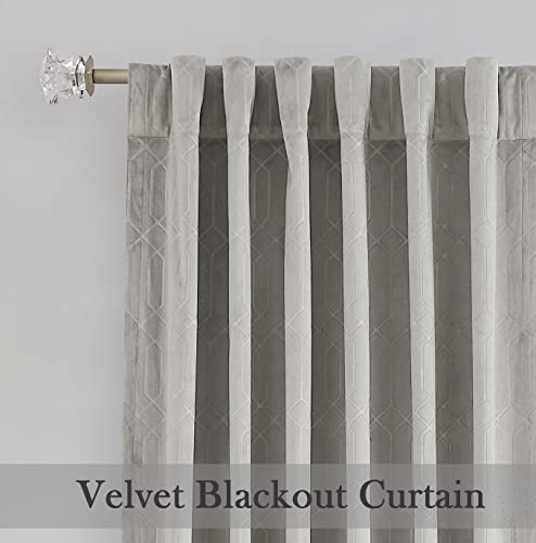 Gray Velvet Blackout Curtain Panels 60%-70% Room Darkening Window Treatment Drape Sets Rod Pocket Back Tabs Geo Embossed Trellis Pattern, For Living Room, Bedroom, Nursury, Kids Room, 52"X95"X2 #TOP5