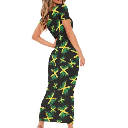Image of Womens Short Sleeve Jamaican Flag Midi Bodycon Dress | Soft stretchy fabric,crew neck,jamaican print casual date night cocktail party, elegant chic, spring summer fall all season