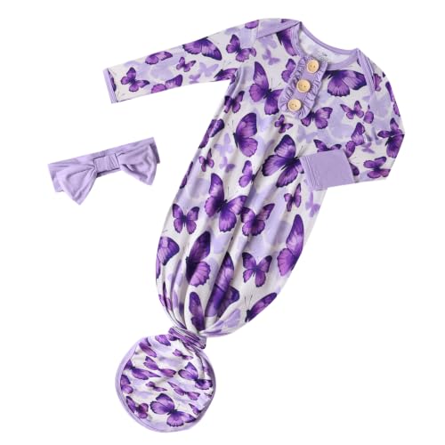 Image of Baby Newborn Knotted Gown, Soft Breathable Viscose from Bamboo for Infant Home Coming Outfit, Knotted Gown with Headband