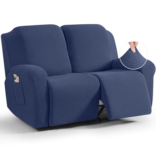 Image of TAOCOCO Recliner Loveseat Slipcover, 6 Pieces Dual Recliner Sofa Covers for 2 Seat Dual Reclining Loveseat Couch, Stretch Soft Jacquard Pattern Furniture Protector with Elasticity Navy Blue